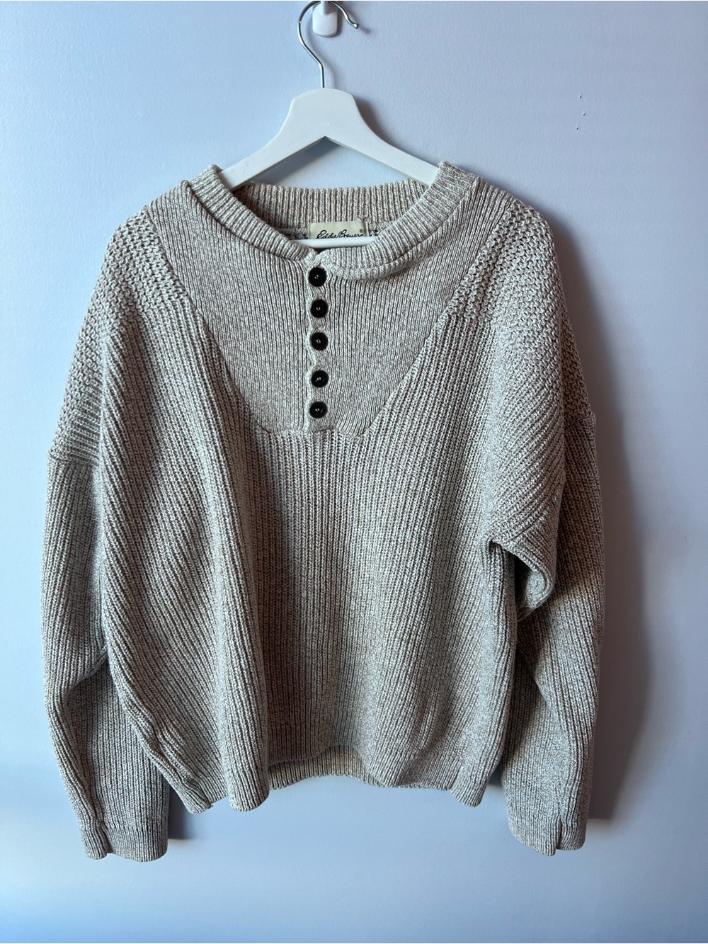 Vintage 90s Eddie Bauer Ribbed Knit Henley Sweater Oats Beige Made in USA L